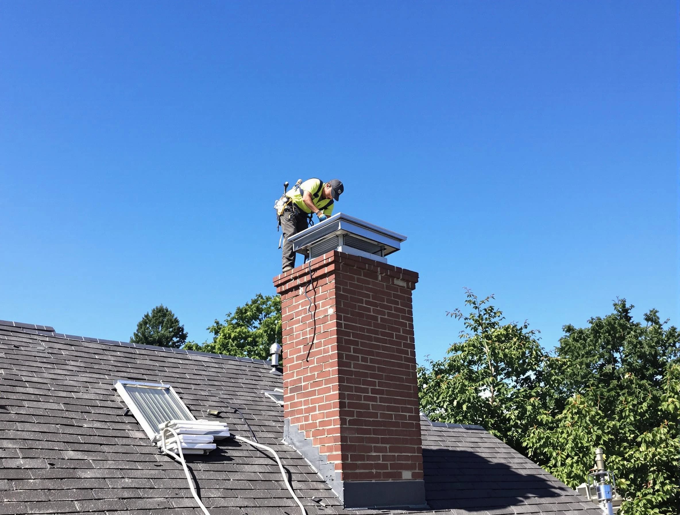 Long Branch Chimney Sweep technician measuring a chimney cap in Long Branch, NJ