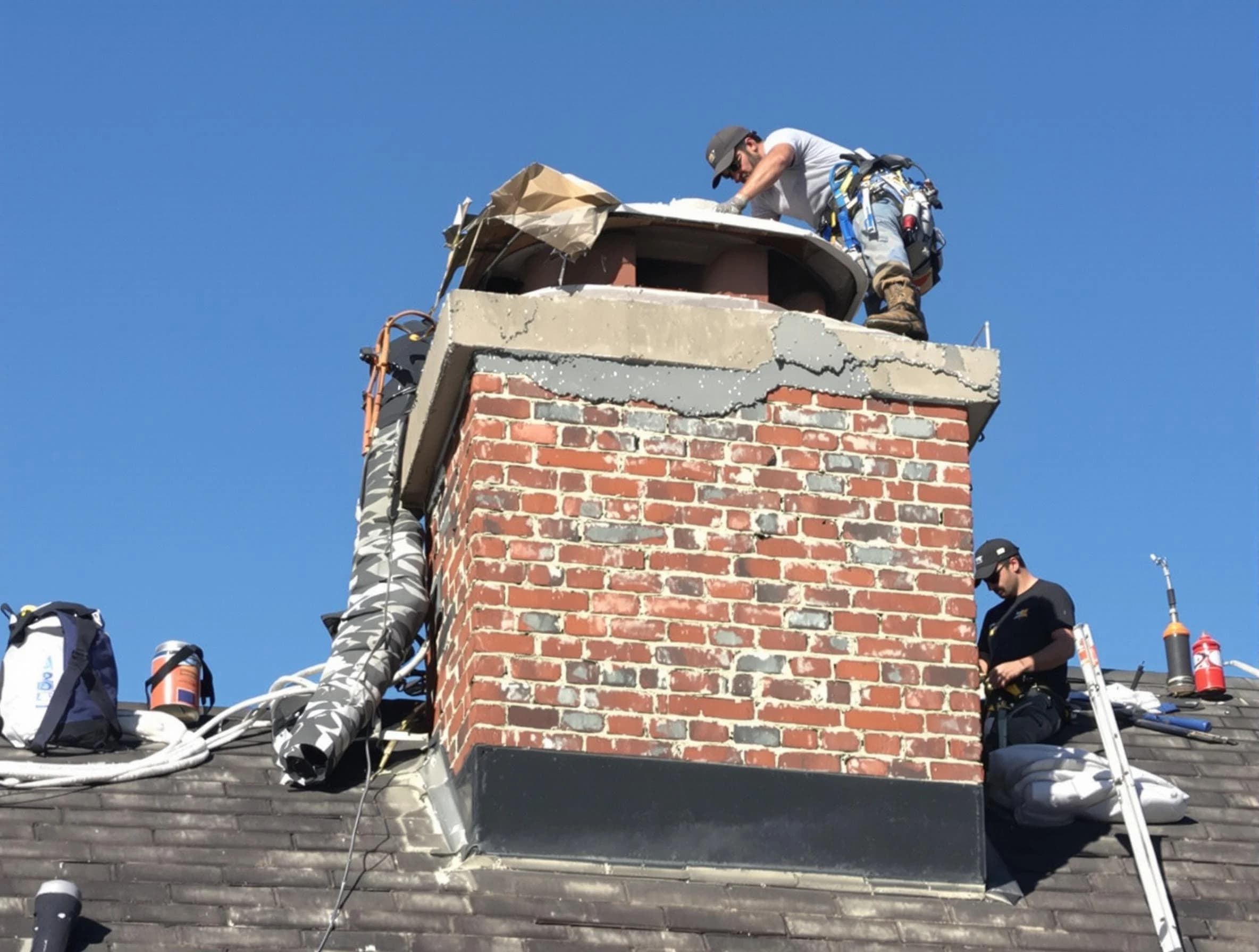 Long Branch Chimney Sweep installing a custom chimney crown in Long Branch, NJ