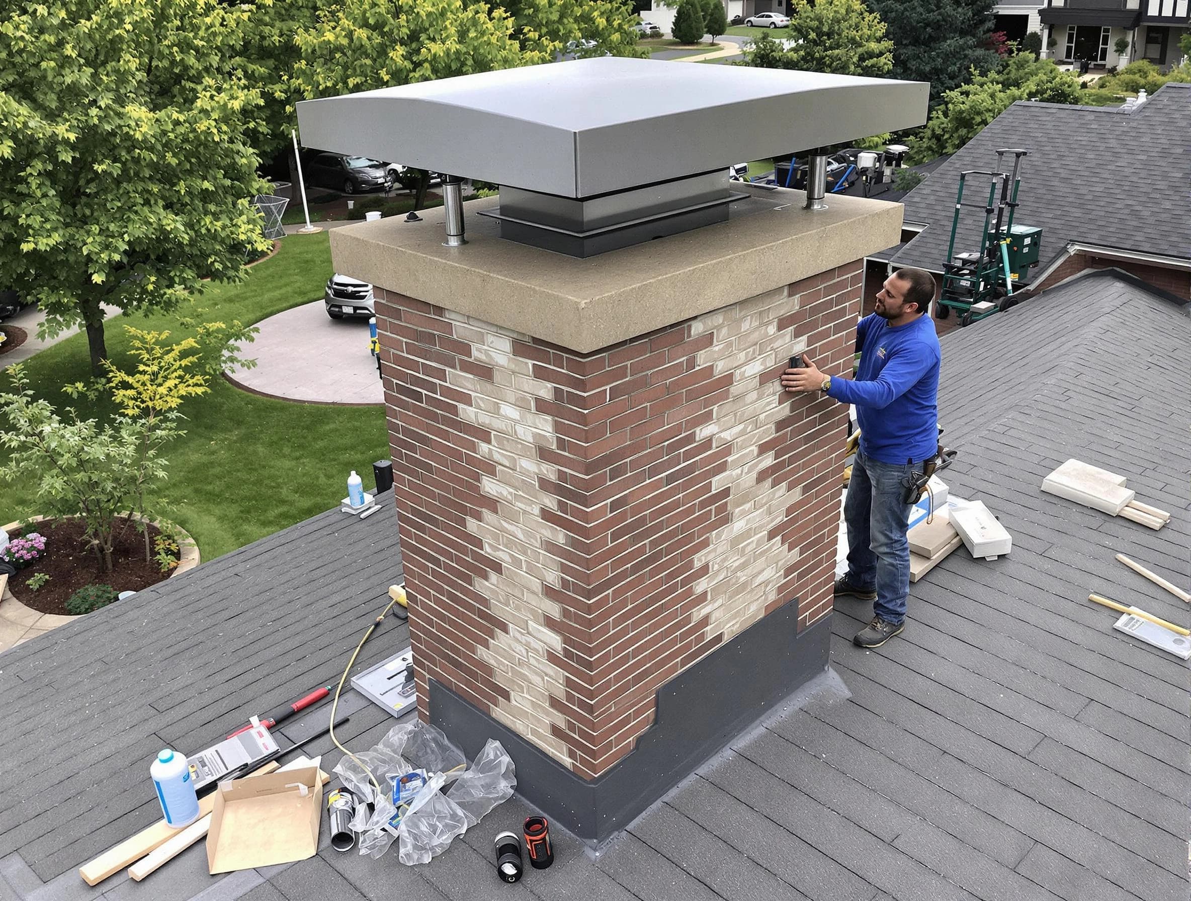 Long Branch Chimney Sweep team working on a custom chimney remodel in Long Branch, NJ